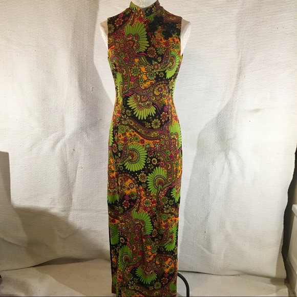 Vintage 60s 70s Paisley Print Neon Long Maxi Dress - Picture 8 of 8
